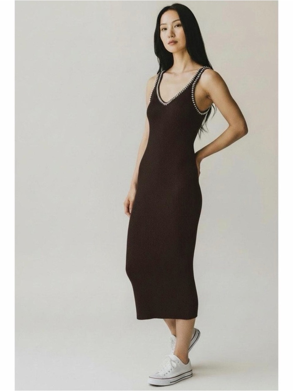 NWT ✨ Caroline Constas Sleeveless Brown Knit Midi Dress with Trim